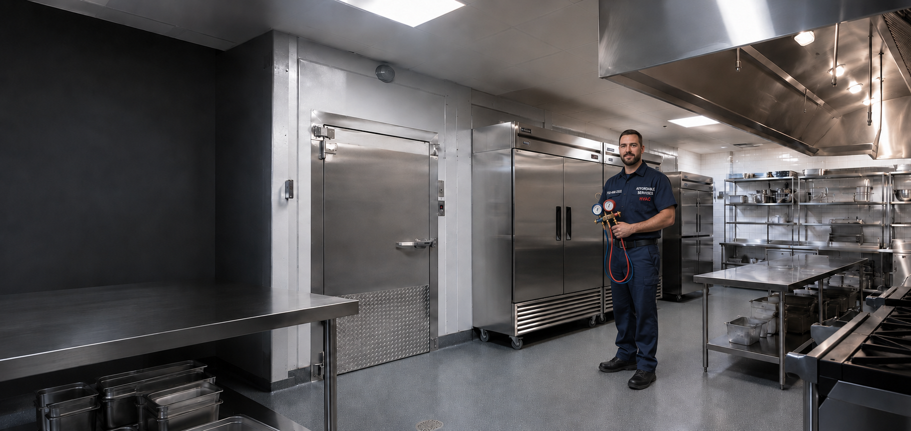 Affordable Services HVAC technician holding refrigeration pressure gauges beside commercial refrigerators and a walk-in cooler